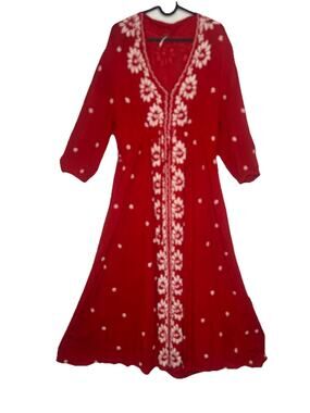 Free People embroidered red and white Fable Midi Dress womans sz L